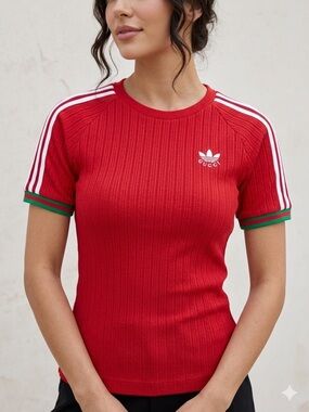 Gucci  x Adidas Red Ribbed Short-Sleeve Knit Top with Green Trim - with COA